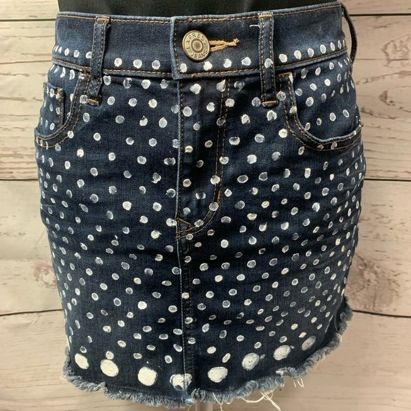 NWOT Express Distressed Denim Polka-Dot Skirt - Picture 2 of 6